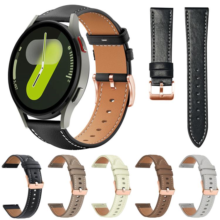 Black vegan leather watch band with rose gold buckle, shown with a watch and color options