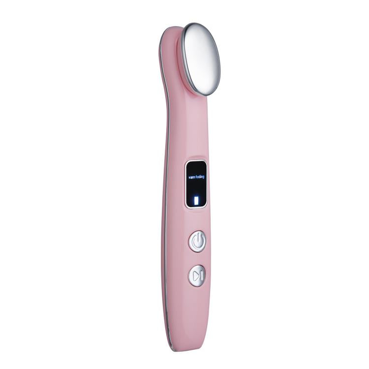 Pink hot compress eye massager with oval heating head and control buttons.