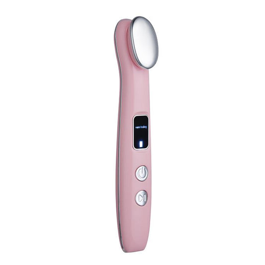 Pink hot compress eye massager with oval heating head and control buttons.
