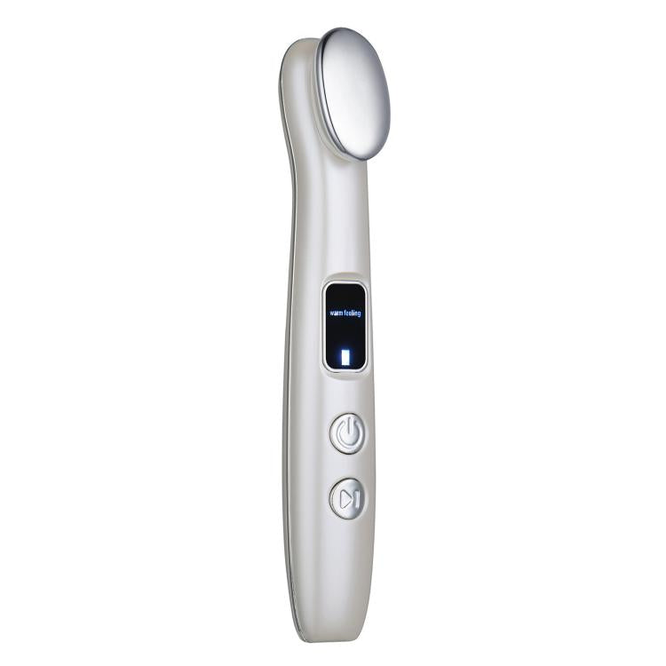 White hot compress eye massager with oval heating head and illuminated display.