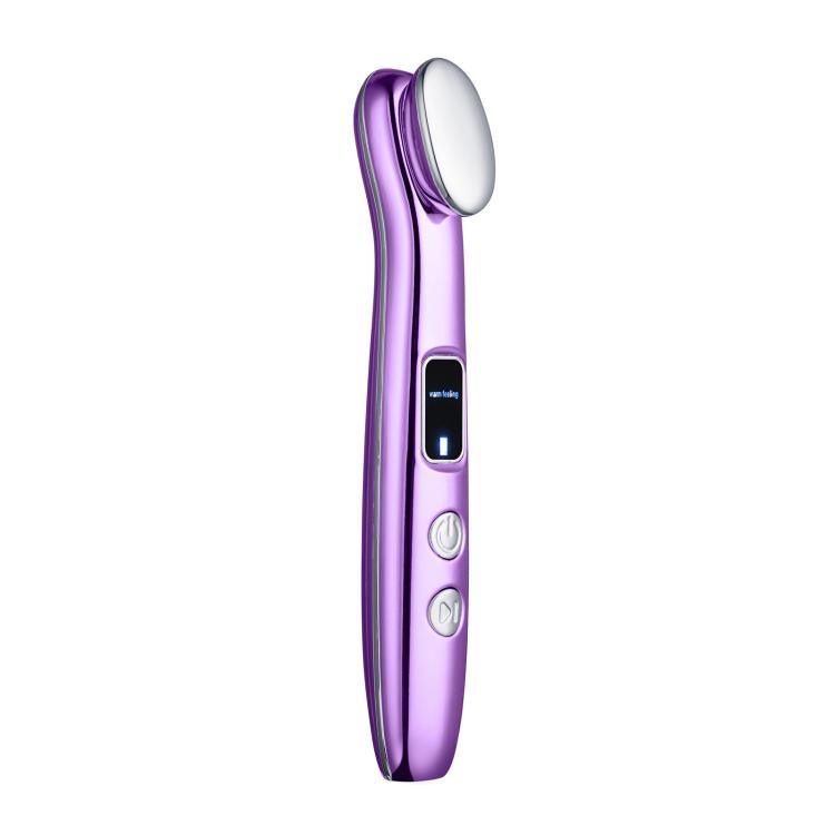 Purple hot compress eye massager with oval heating head and control buttons.
