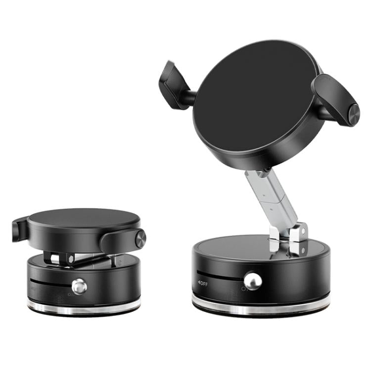 Black foldable magnetic car phone holder with circular head and dual clamp arms