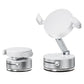 White foldable magnetic car phone holder with circular head and dual clamp arms