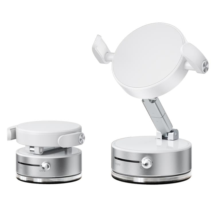 White foldable magnetic car phone holder with circular head and dual clamp arms