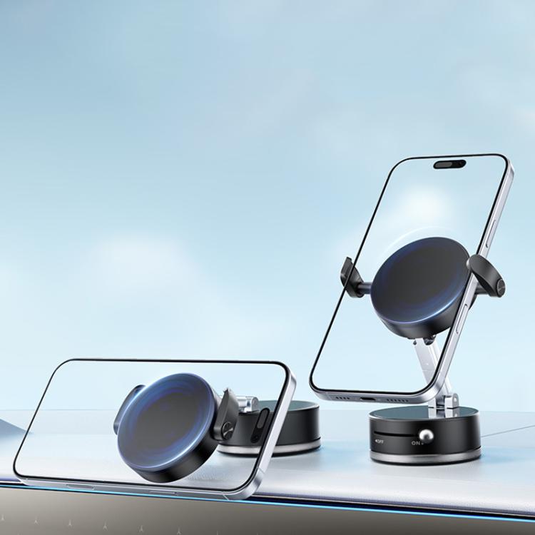 Black magnetic car phone holder on dashboard with phone secured