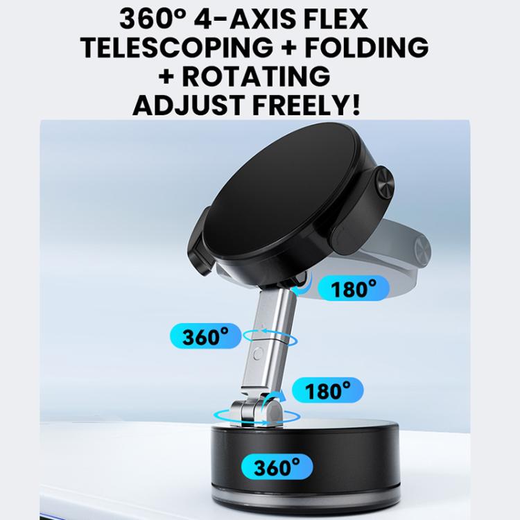 Black 360-degree car phone holder with telescoping stem and folding base