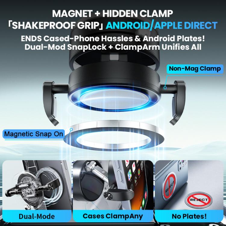 Black magnetic clamp car phone holder with hidden snap-on arm design