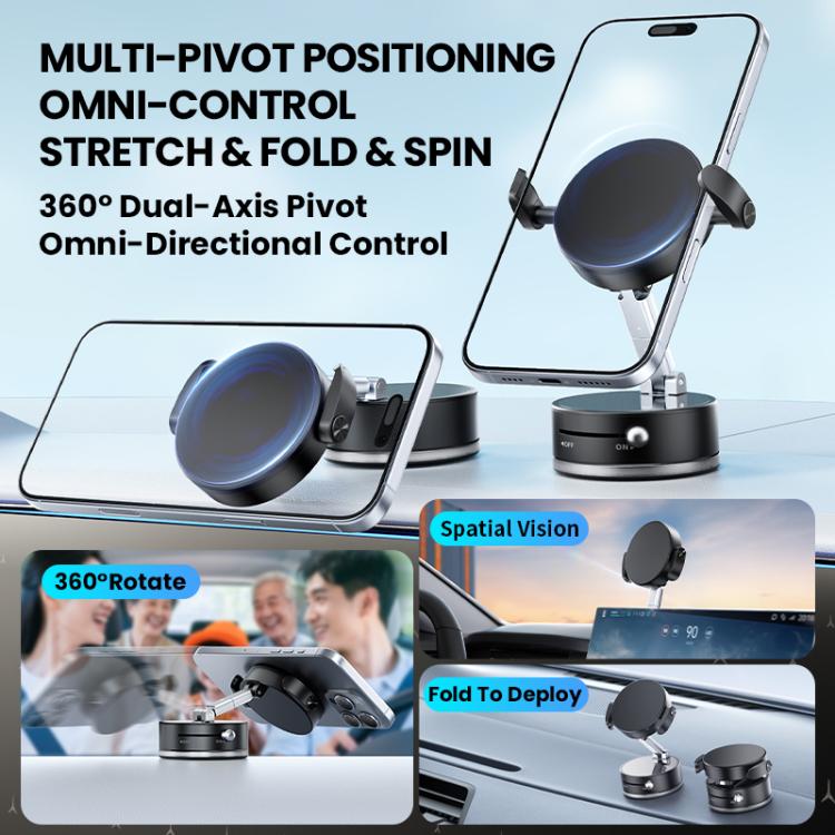 Black multi-position car phone holder with circular mount and mounted phone