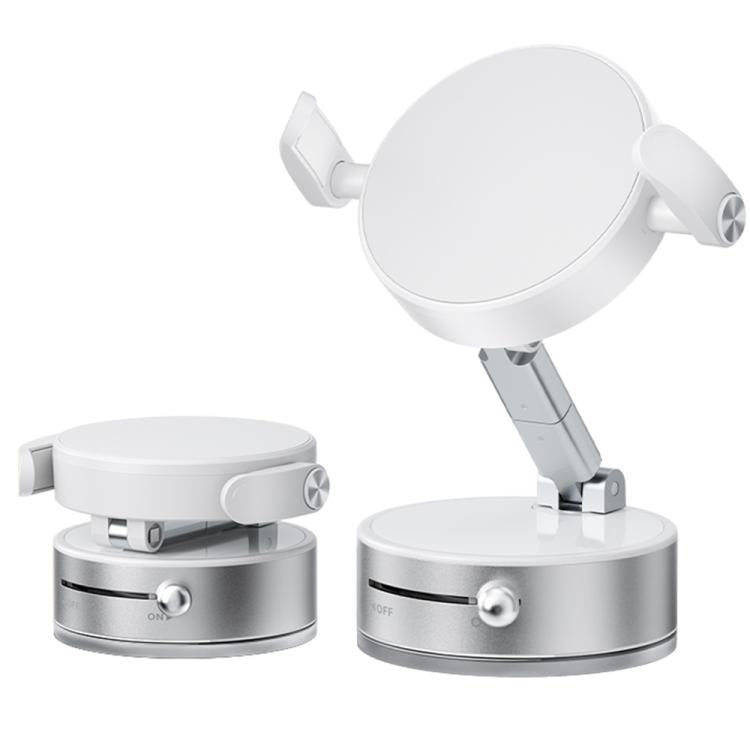 White circular car phone magnetic mount with foldable clamp base and rotation arm