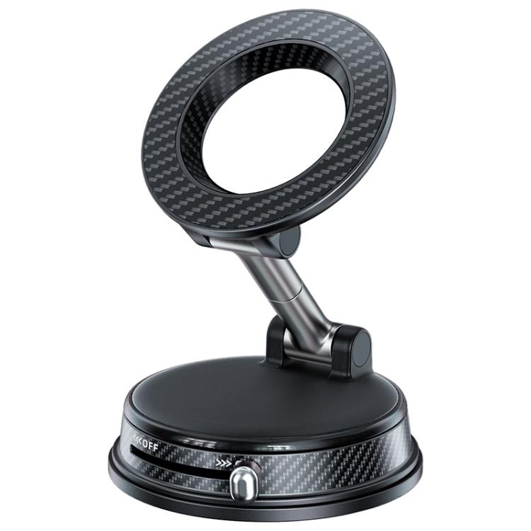 Black foldable magnetic car phone holder with carbon-fiber ring and suction base