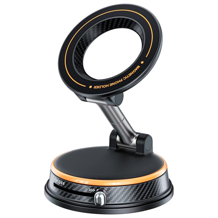 Orange-accent foldable magnetic car phone holder with carbon-fiber ring and suction base