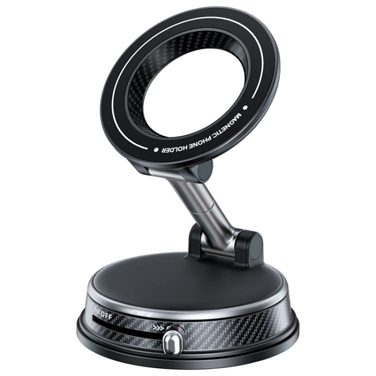 Foldable magnetic car phone holder with black carbon-fiber ring and round suction base