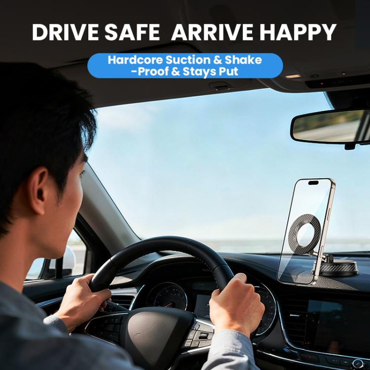 Magnetic car phone holder mounted on dashboard with phone secured by ring mount