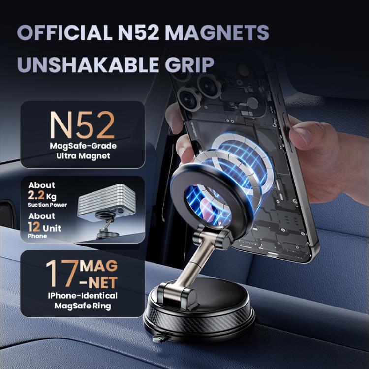 Magnetic car phone holder with suction base and metal arm holding a smartphone
