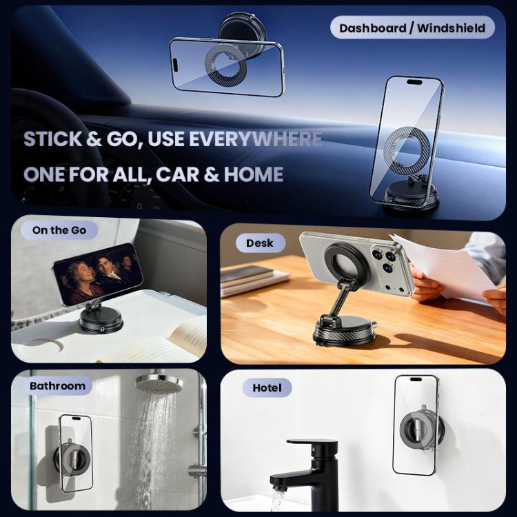 Magnetic phone holder on dashboard stand with adjustable ring for mounting