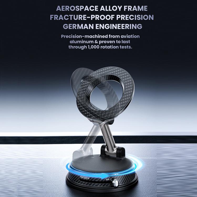 Black foldable magnetic car phone holder with carbon-fiber ring and glowing suction base