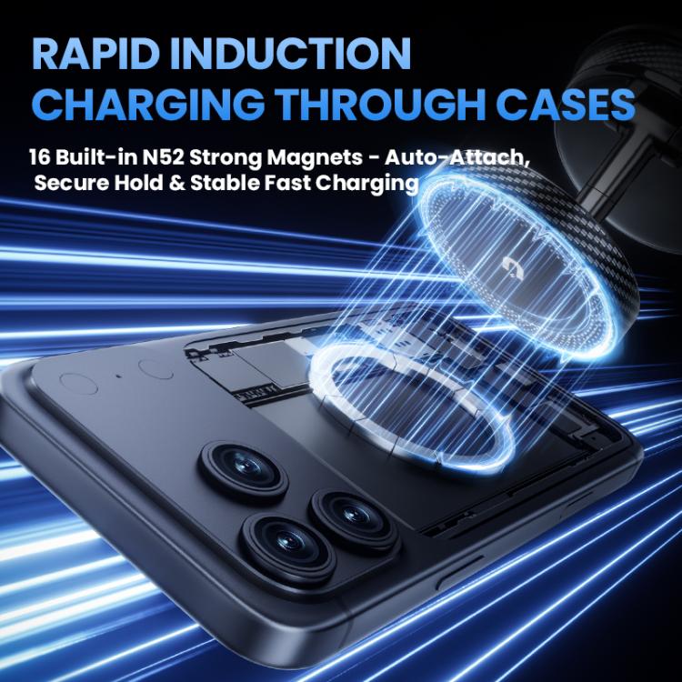 Car wireless charger phone holder with round charging pad, showing phone charging