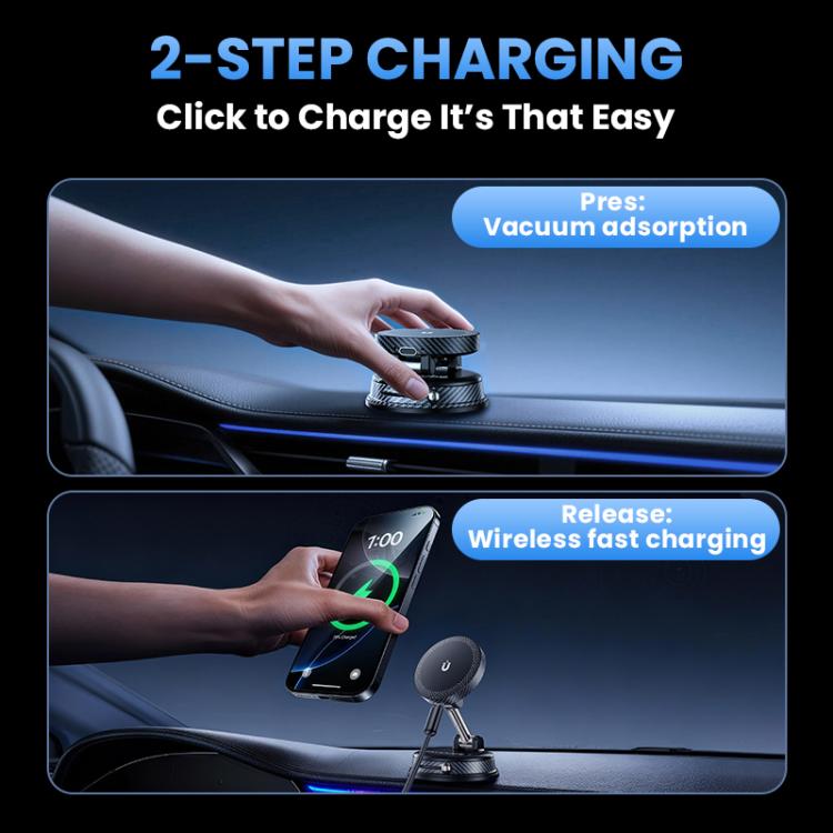 Car wireless charger phone holder demonstrating charging and vacuum attachment