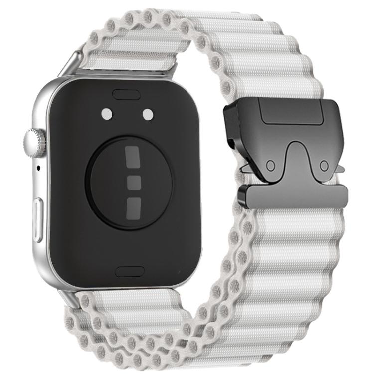 White nylon watch band with black parachute buckle, shown fitted to a smartwatch