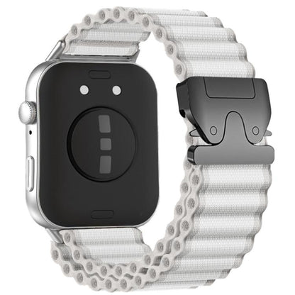 White nylon watch band with black parachute buckle, shown fitted to a smartwatch