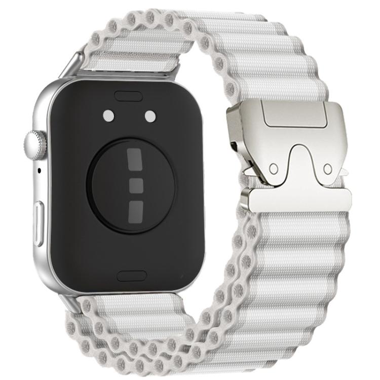 White nylon watch band with silver parachute buckle, shown fitted to a smartwatch