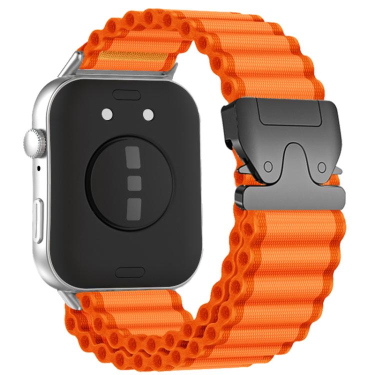 Orange nylon watch band with black parachute buckle, shown fitted to a smartwatch