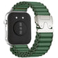 Green nylon watch band with silver parachute buckle, shown fitted to a smartwatch