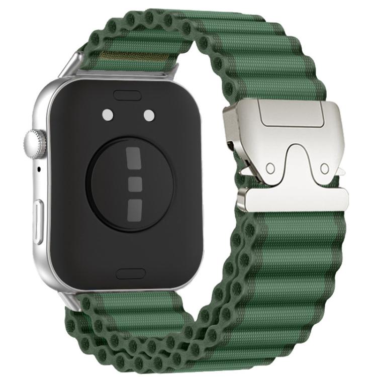 Green nylon watch band with silver parachute buckle, shown fitted to a smartwatch