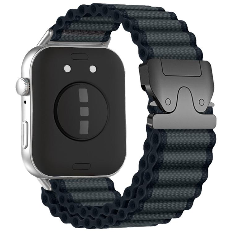 Dark gray nylon watch band with black parachute buckle, shown fitted to a smartwatch