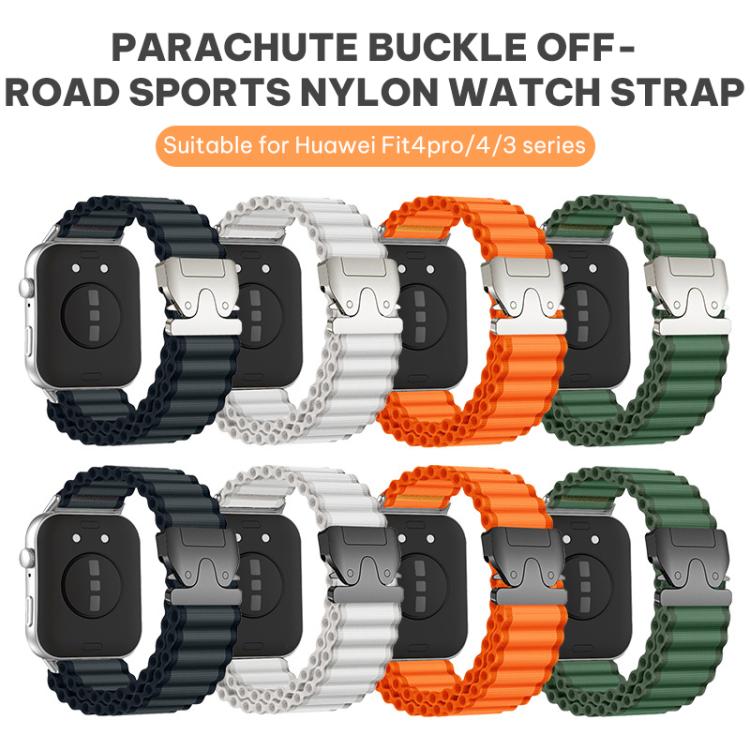Nylon watch bands in white, orange, green, and dark gray with parachute buckles