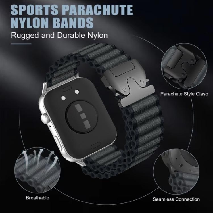 Dark nylon watch band with a wide ribbed weave and metal parachute-style clasp.