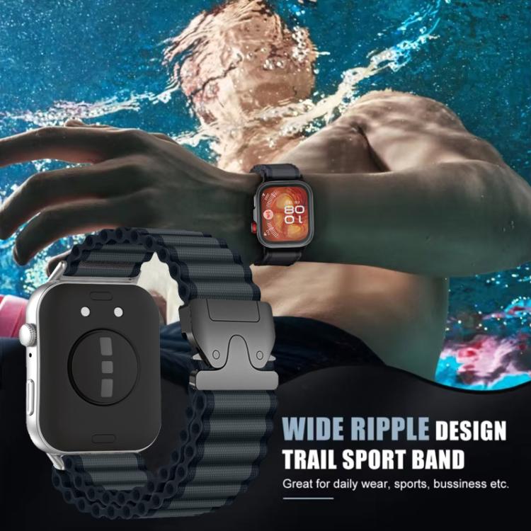 Dark ribbed nylon watch band with a wide ripple texture and metal clasp.