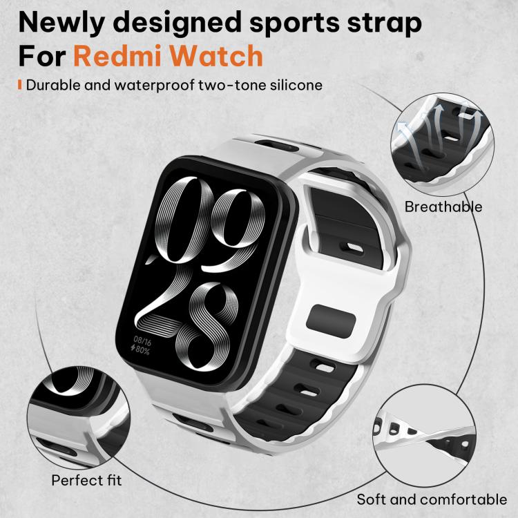White and black silicone watch band with breathable, soft-fit detail callouts