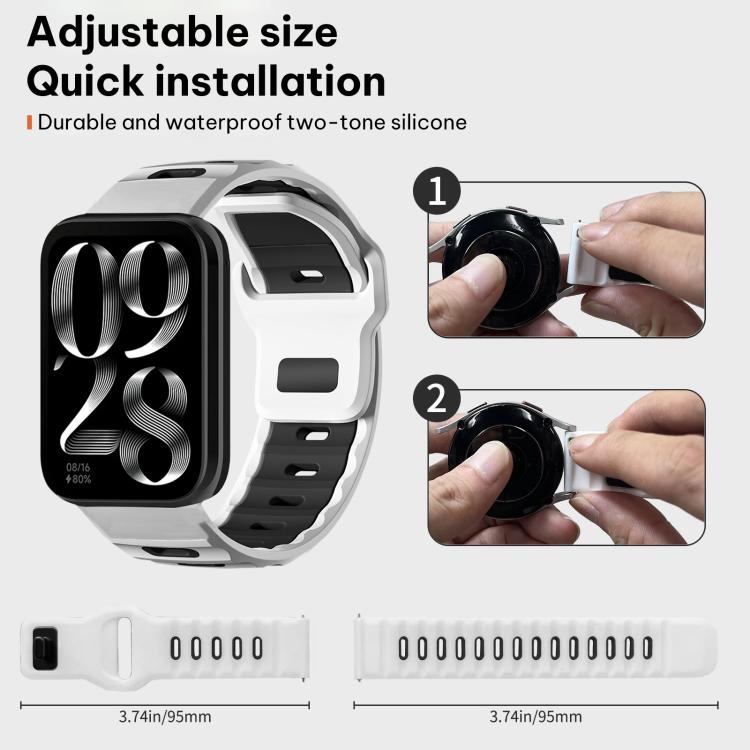 White and black silicone watch band with adjustable sizing and installation steps