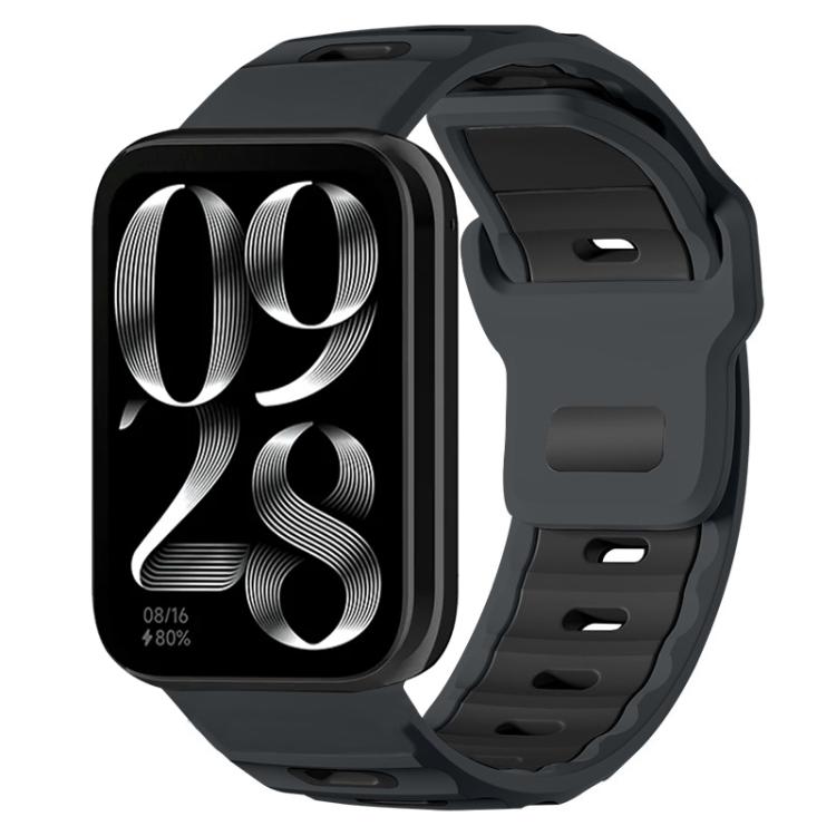 Dark gray silicone watch band with black inner lining, shown on a smartwatch