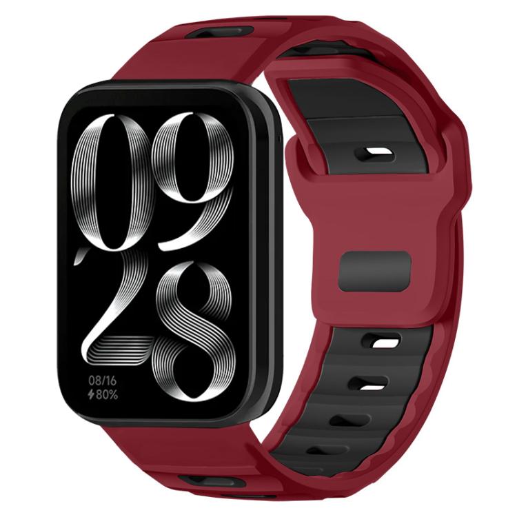 Wine-red silicone watch band with black inner lining, shown on a smartwatch