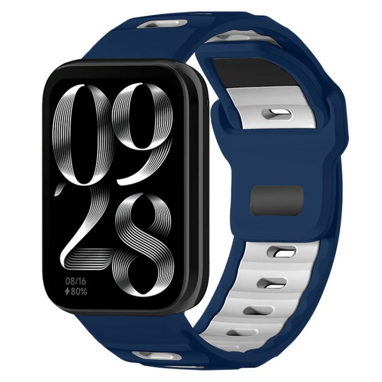 Navy silicone watch band with white inner lining, shown on a smartwatch