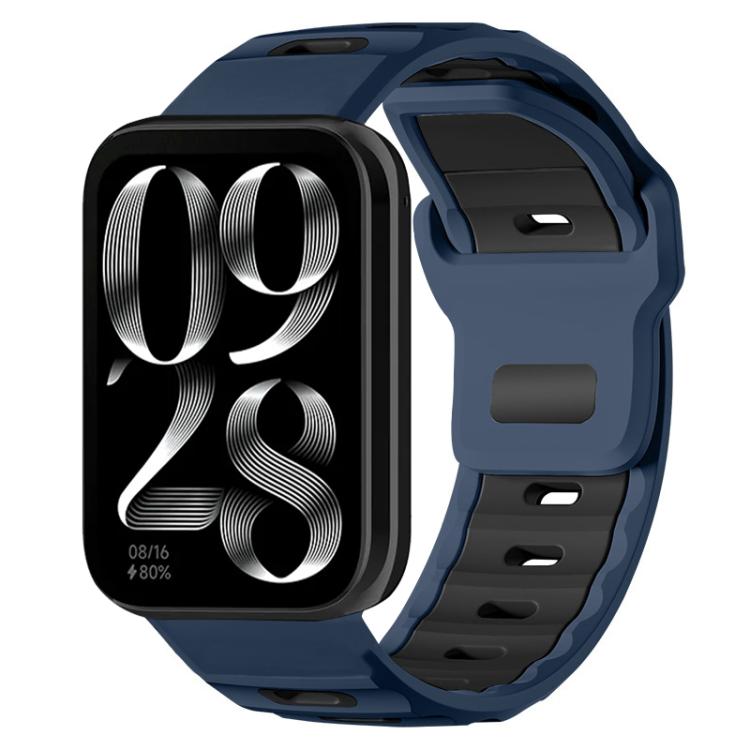 Blue-gray silicone watch band with black inner lining, shown on a smartwatch