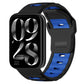 Dual-color silicone watch band, black with blue accents, shown on a smartwatch