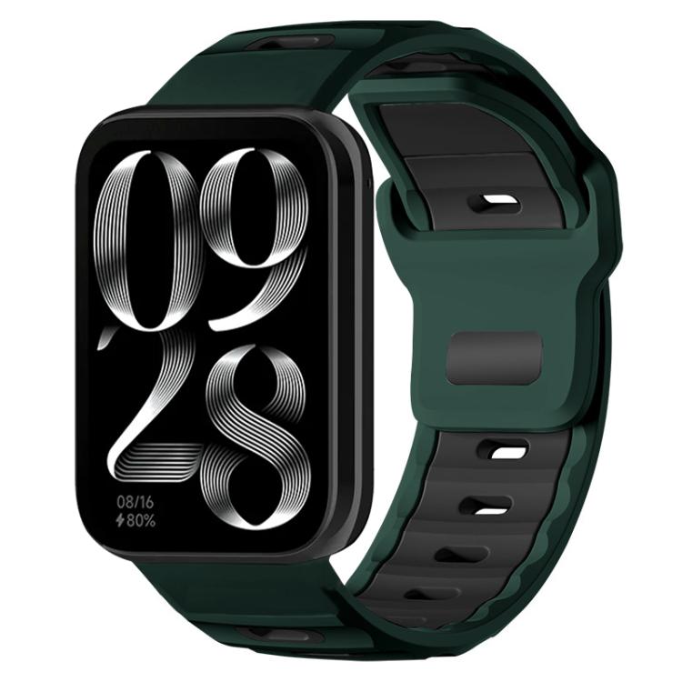 Dual-color silicone watch band, dark green with black accents, shown on a smartwatch