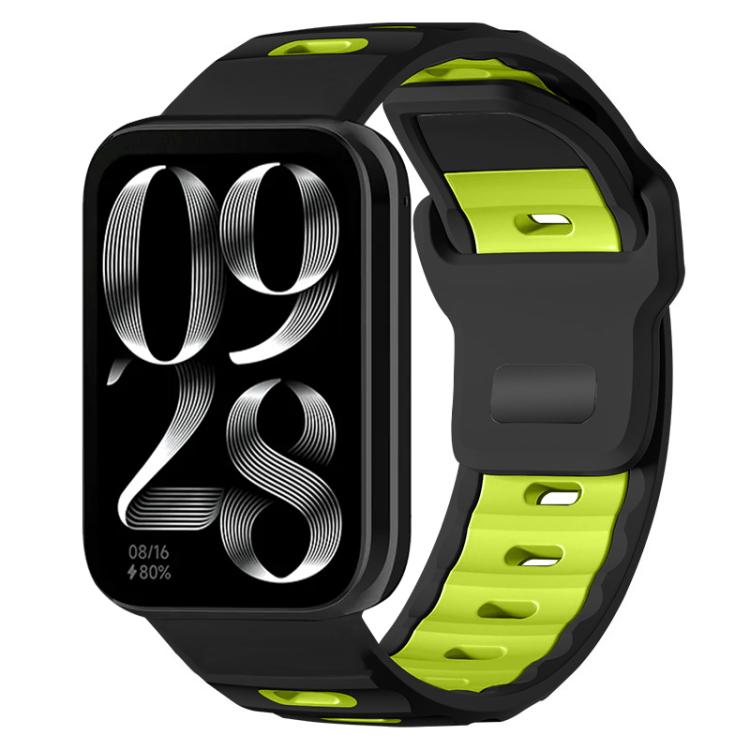 Dual-color silicone watch band, black with fluorescent green accents, shown on a smartwatch