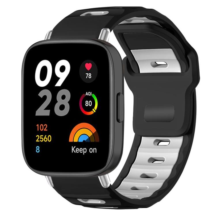 Black and white silicone watch band with flat head and adjustable perforated strap