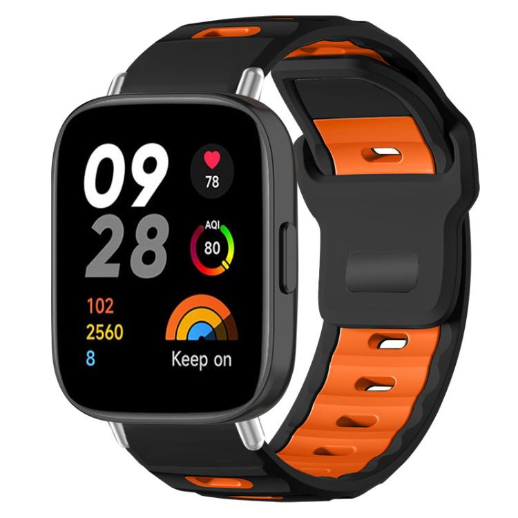 Black and orange silicone watch band with flat head and adjustable perforated strap