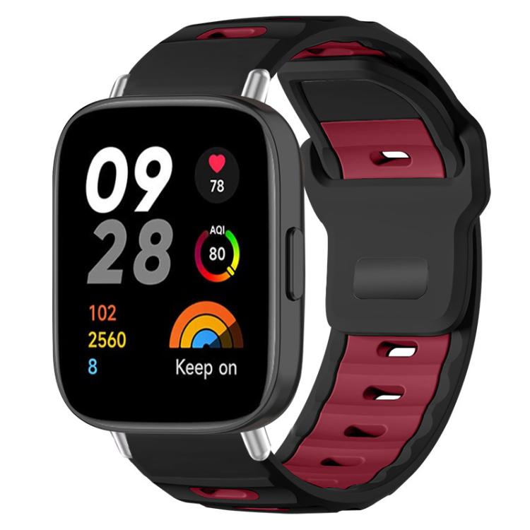 Black and wine red two-tone silicone watch band on a smartwatch