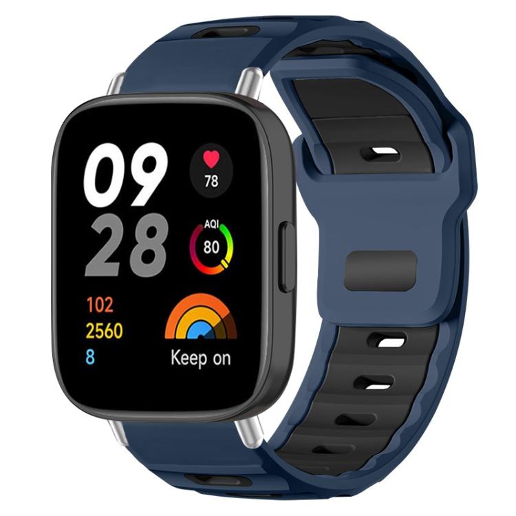 Navy and black two-tone silicone watch band on a smartwatch