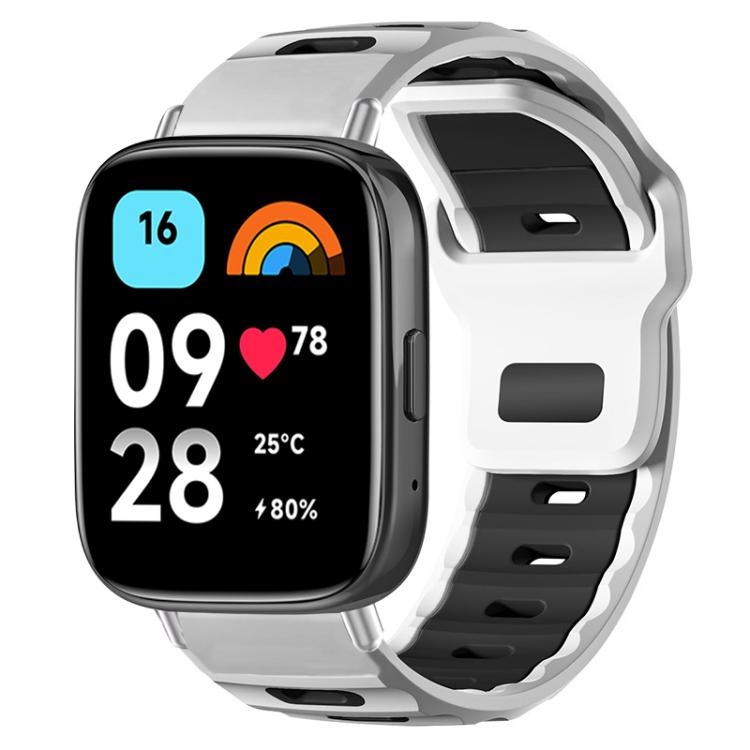 Dual-color silicone watch band, white with black accents, shown on a smartwatch