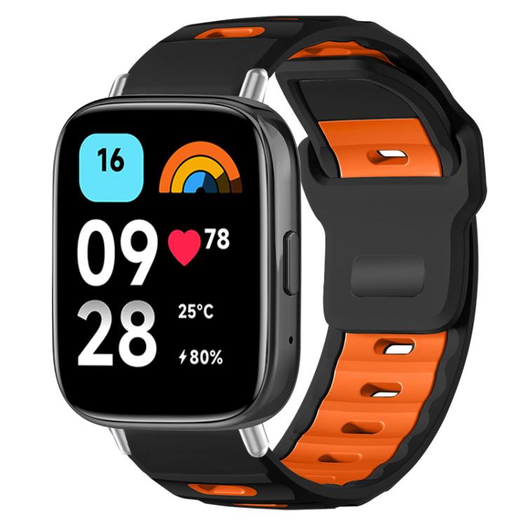 Dual-color silicone watch band, charcoal with orange accents, shown on a smartwatch