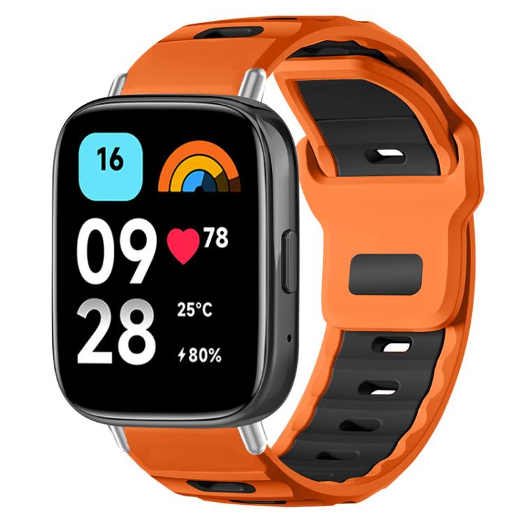 Dual-color silicone watch band, orange with black accents, shown on a smartwatch