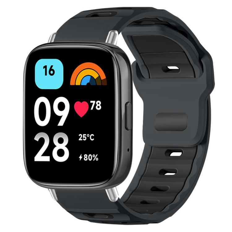 Dark gray and black two-tone silicone watch band on a smartwatch