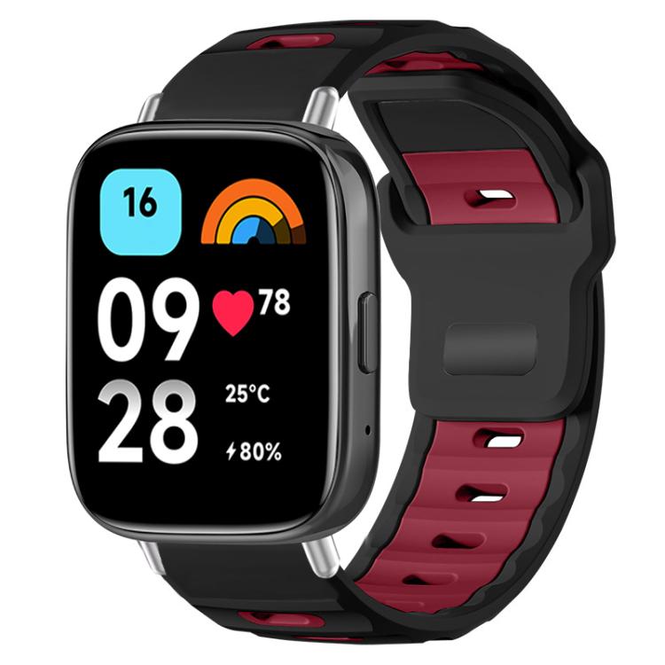 Black and burgundy silicone watch band with flat head and adjustable perforated strap
